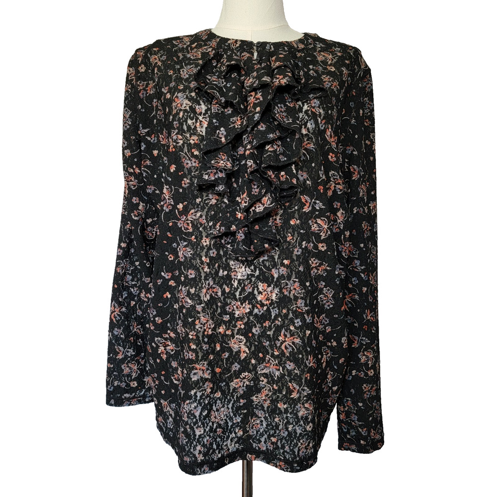 Lauren Ralph Lauren Ruffle Black Floral Top Cottage Dark Fairy Whimsigoth Sz 2X